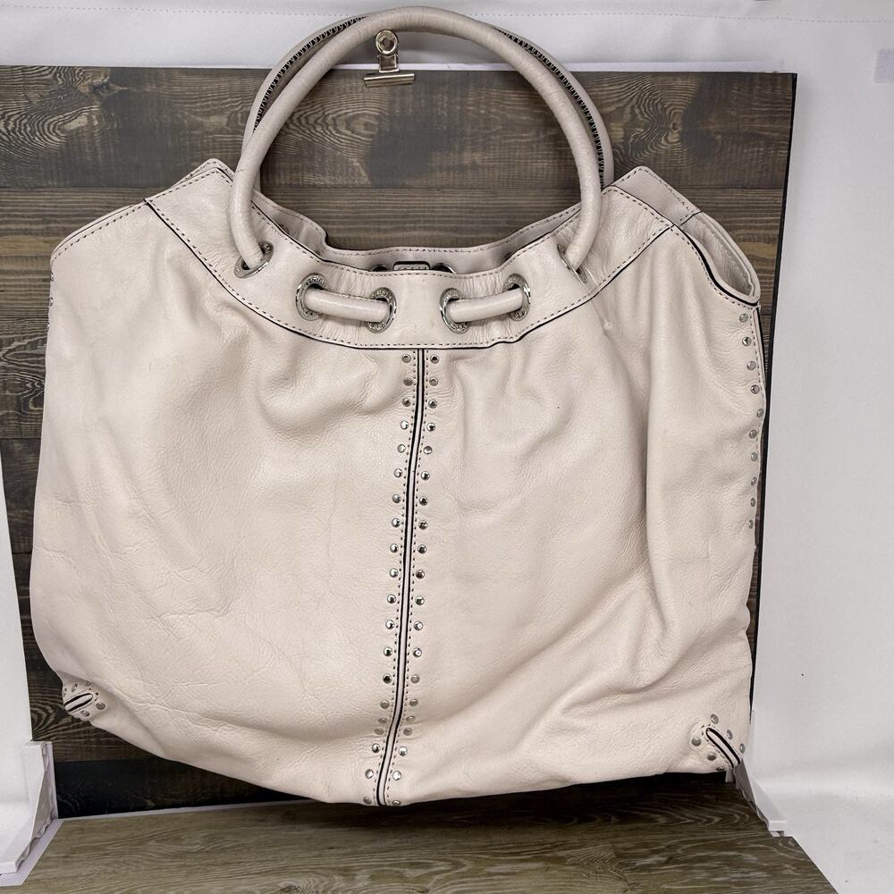 Michael Kors Astor Large Studded Genuine Pebbled Leather Tote Bag Purse Vanilla